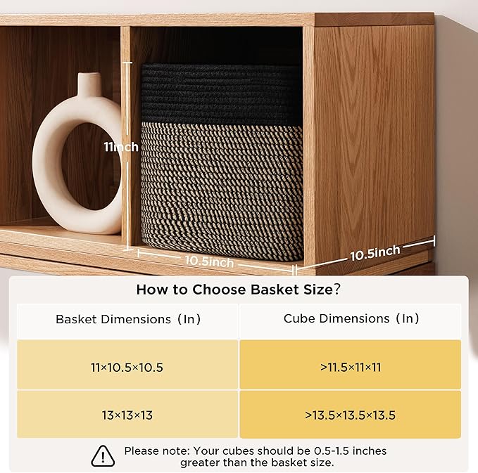 joybest 11inch Cube Storage Bins Set of 4, Cotton Rope Woven Organizer Basket for Shelves, Cube Bin Square Shelves Organizer Closet Storage, Nursery, Toy Organization, Black&Dark Brown - Image 2