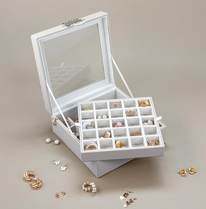 Glenor Co Earring Organizer - Classic 50 Section Jewelry Box/Case/Holder for Earrings, Rings, Necklaces, Jewelry, Cufflinks or Collections -2 Layer Small Compartments with Large Glass Top - Grey - Image 5