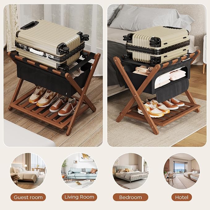 Full Assembled 26.77" L Luggage Rack for Guest Room, Set of 2 Foldable Suitcase Stand with 5 Nylon Straps & Cloth Bag, Luggage Stand Holder with Shoe Shelf for Suitcases Hotel (Walnut Bamboo) - Image 9