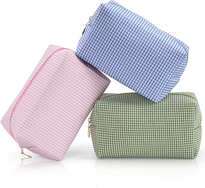 Makeup Bag Set for Women, 3PCS Travel Cosmetic Bags Pencil Case, Checkered Seersucker Toiletry Organizer Pouches, Cute Makeup Pouch for Purse, Accessories and Gifts, Colorful Gingham by Unknown