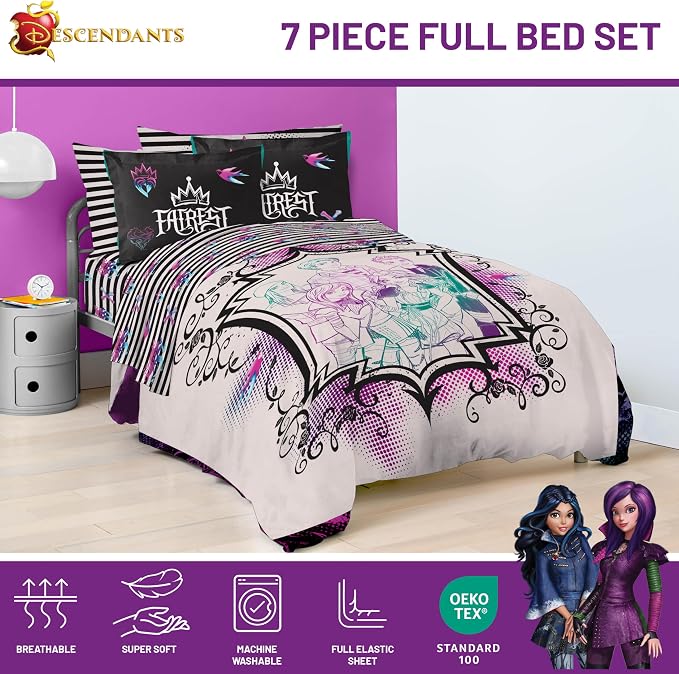 Jay Franco Kids Comforter Set Includes Sheets and Pillow Cover - Soft and Cozy Bed Set for Stylish Room Décor, Multi - Descendants, 7 Piece Full - Image 4