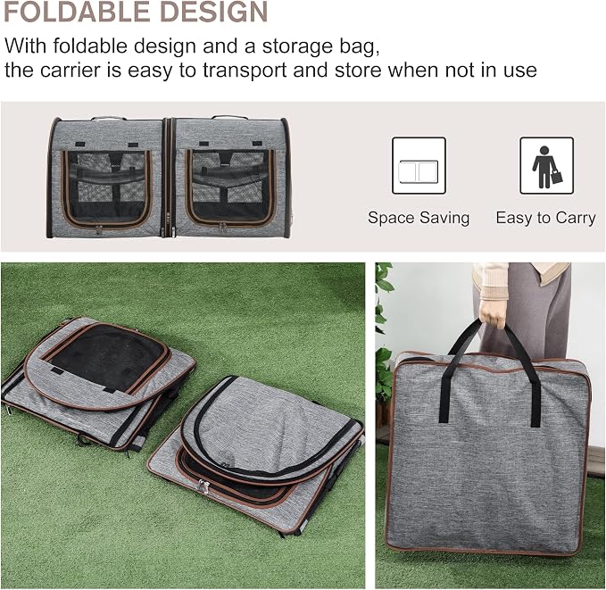 PawHut 39" Portable Soft-Sided Cat Carrier, Cat Kennel, Travel Dog Crate with Divider, Two Compartments, Soft Cushions & Storage Bag, Easy to Fold, Light Gray | Cat Kennel, Travel Dog Crate with Divider, Soft Cushions & Storage Bag, Easy to Fold - Image 4