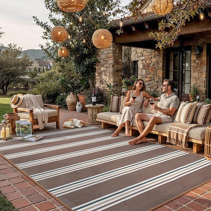 PureCozy Outdoor Waterproof 8x10 Rug for Patio Reversible Plastic Straw Brown Striped Camping Mat Outside Lightweight Large Floor Mat for RV Deck Beach Balcony Picnic Backyard Entry Porch - Image 2