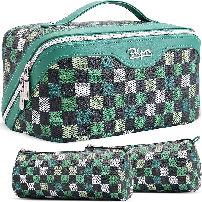 BOYATU Travel Makeup Bag Organizer Cosmetic Bag: 3 Pcs Set Make up Bags for Women with Handle - Waterproof Vegan Leather Toiletry Bag (01-H-Green) by BOYATU