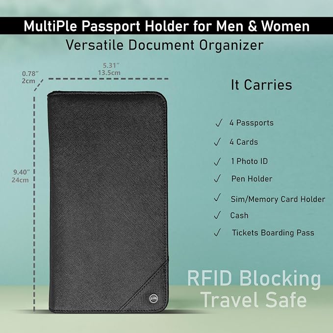 SnazzyHawk Family 4 Passport Holder - Travel Wallet RFID Blocking, Document Organizer, Essentials Plane Accessory Cover for Women Men (Black) - Image 3