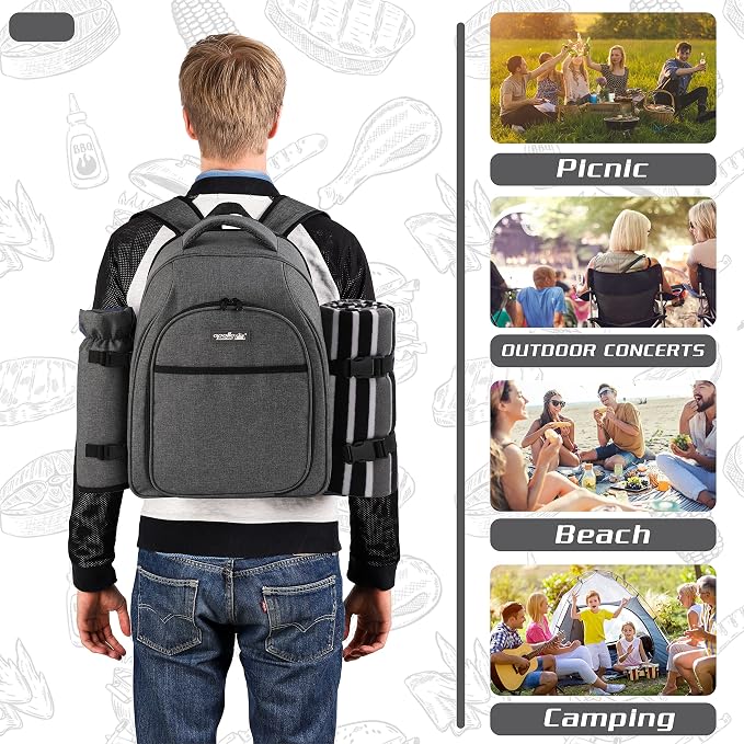 apollo walker Picnic Backpack Bag for 2 Person with Cooler Compartment, Detachable Bottle/Wine Holder, Fleece Blanket, Plates and Cutlery Set (2Person,Grey) - Image 5
