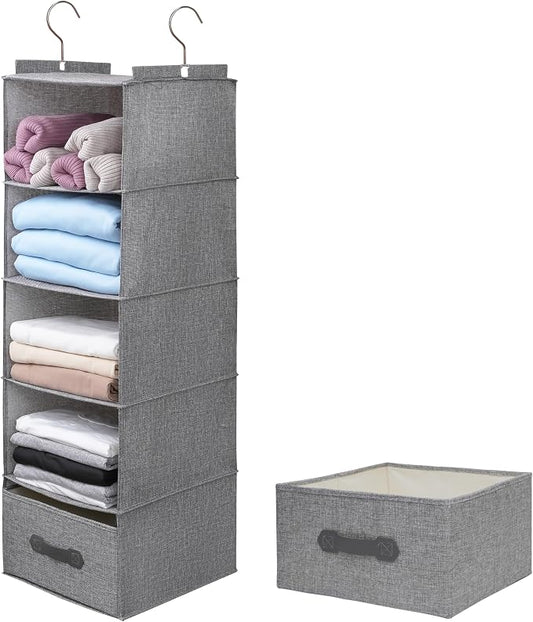 Large Hanging Sweater Organizer for Closet,Collapsible 6-Shelf Hanging Closet Shelves with Drawers, Washable (Grey-5 Shelf-1 d) by Unknown