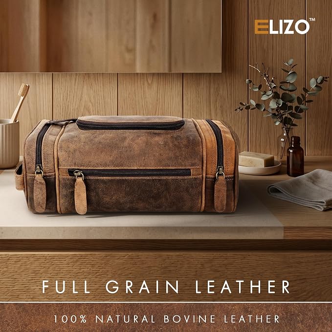 ELIZO Real Leather Toiletry Bag for Men - Extra Large Hanging Travel Organizer for Toiletries, Ideal for Dopp Kit & Shaving Kit for Men, Essential Mens Travel Toiletry Bag for Toiletries (Grizzly) - Image 4