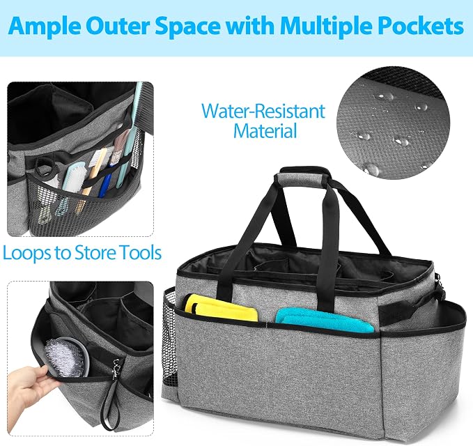 HODRANT Extra-Large Cleaning Caddy with Handles & Multi Pockets | Large Capacity Tote Bag for Cleaning Tools & Products Storage, Cleaner Organizer for Car, Home & Housekeeping Work, Gray - Image 3