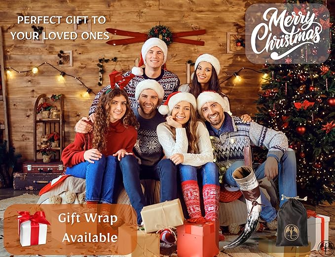 OLDEMPEROR Viking Drinking Horn - 12 Inch with Leather Holster | Handmade Beer Cup | Food Grade | Genuine Ox Horn | Natural Shine Finish | LARP | Viking Chirstmas Gifts for Men & Women