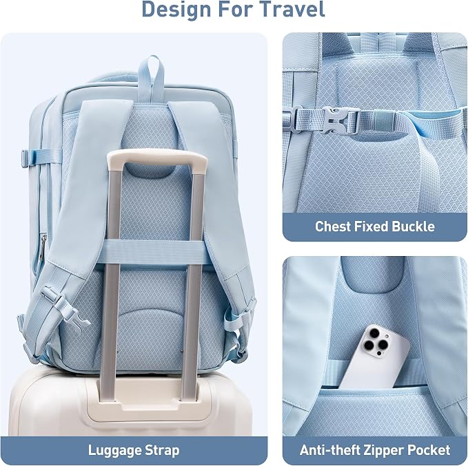 SHOWKOO Laptop Backpack for 17 Inch Laptop, 40L Expandable Large Capacity Backpack, TSA Carry On Travel Backpack with Padded Laptop Compartment, Water-Resistant College & Commuter Bag, Blue - Image 6