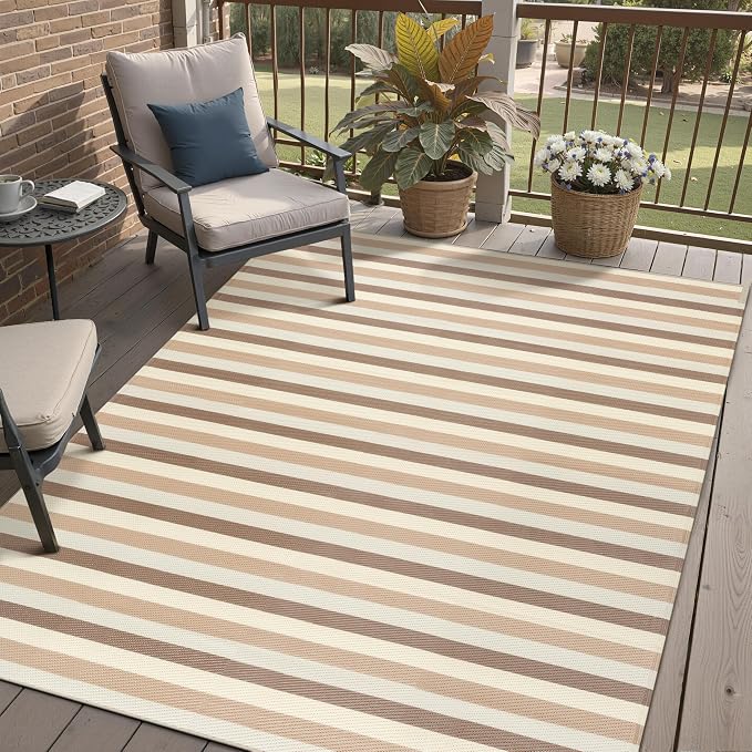 PureCozy Outdoor Waterproof Patio Rug 5x8 Plastic Straw Reversible Outside Beige Striped Carpet Lightweight Large Rug for Camping RV Porch Deck Balcony Beach - Image 2