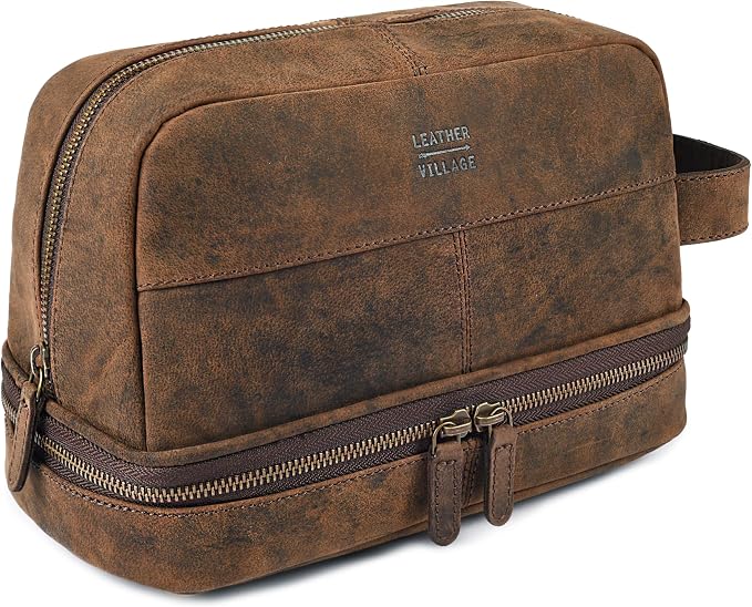 LEATHER VILLAGE Genuine Leather Dopp Kit - Travel Bag with Waterproof Lining, Large Capacity Toiletry Bag, Dual-Zip Design for Men & Women, Shaving & Bathroom Essentials Organizer-Rustic Brown by LeatherVillage