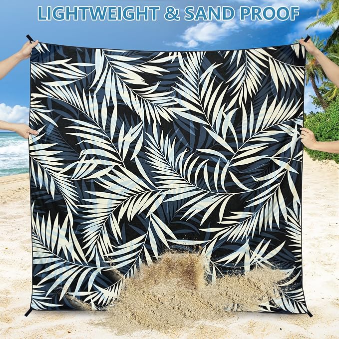 HIHOHO Beach Blanket Waterproof Sandproof Beach Mat 79”x 83” for 1-8 Adults Quick Drying Durable Outdoor Picnic Mat for Beach Festival Travel Camping Hiking (BK&W-Palm, 79"×83"(4 Person)) - Image 4