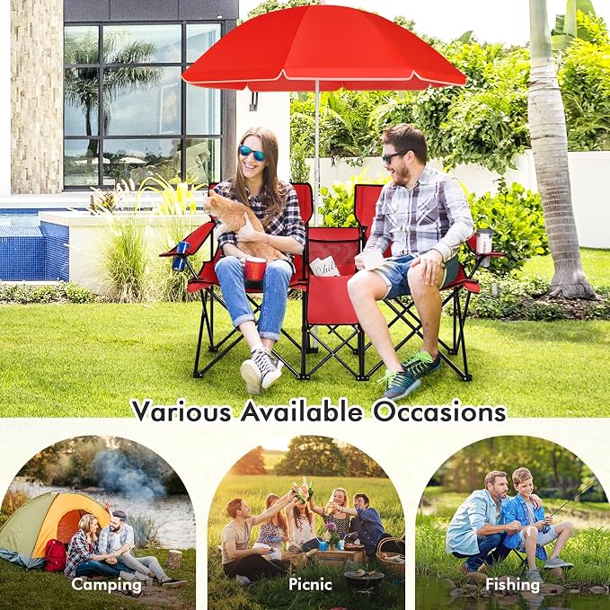 Goplus Double Camping Chair with Umbrella, Folding Loveseat Chairs w/Canopy Shade, Carrying Bag, Table, Cup Holder, Portable Beach Chairs Outdoor Picnic Patio (Red) - Image 9