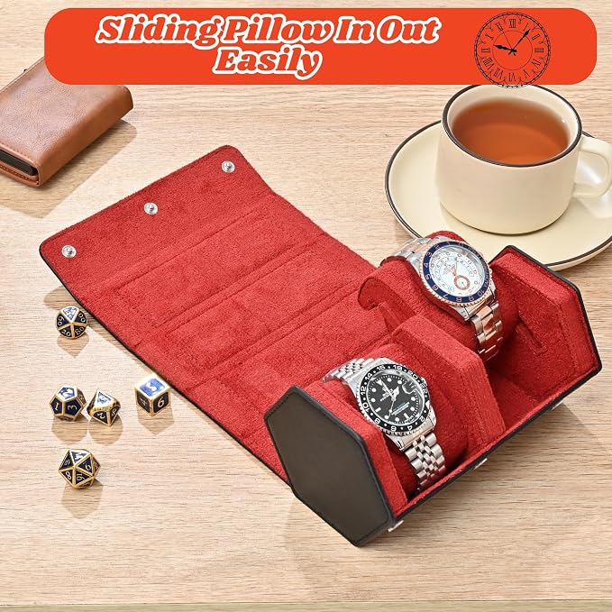 Luxury Hexagonal Leather Travel Watch Roll for 2 Watches, Black Red | Multiple Watch Capacity,Premium Hexagon Leather,Velvet M-Shaped Cushions,Secure Snap Closure,Storage Organizer - Image 2