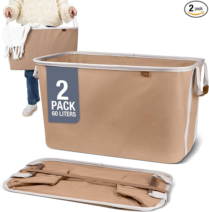 CleverMade Collapsible Laundry Basket LUXE 2 Pack – 60L (16 Gal) Foldable Cotton Blend Clothes Hamper with Vegan Leather Accents, Reinforced Handles, Space Saving Laundry Bin Holds 55 lbs - Mocha by CleverMade