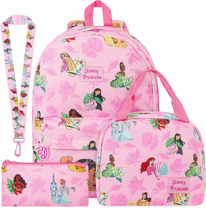 Get Trend Disney Princess Girls Corduroy Backpack 4 Piece Set | 17 inch Bookbag with Laptop Pocket, Insulated Lunch Bag, Pencil Case & Lanyard, Back to School Gifts for Girls by GetTrend