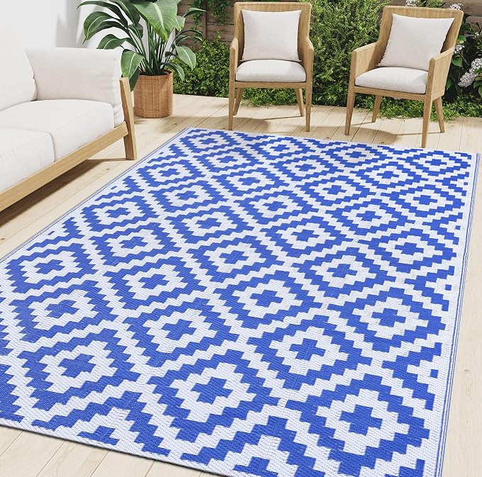 Smiry Waterproof Outdoor Rug 6x9 ft, Reversible Plastic Straw Patio Camping Rugs, Outdoor Indoor RV Mat Carpet for Patio, Outside Entry, Backyard, Deck, Bench, Picnic, Camper, White & Blue by Smiry