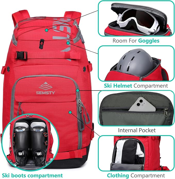 Ski Boot Bag, 55L/70L Waterproof Ski and Snowboard Boots Travel Backpack for Skis, Snowboard, Ski Helmet, Goggles, Gloves & Accessories - Image 3