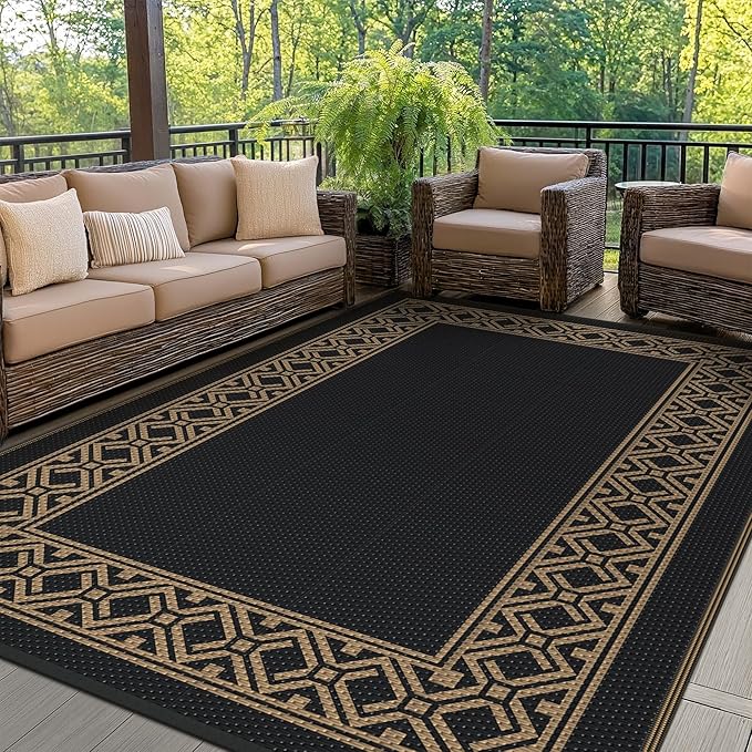 GENIMO Outdoor Rug, Waterproof Plastic Rugs for Patio, 6'x9' Blcak Brown | Outside Larger Modern Carpet Mat for Porch Decor, Deck, Balcony, Camping, RV, Backyard, Picnic, Beach, Reversible by GENIMO