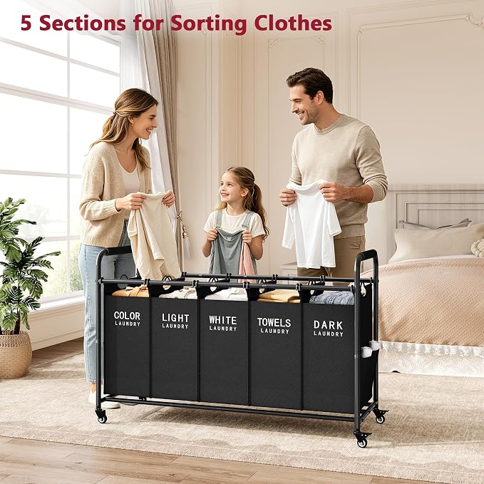 Tajsoon 5 Bag Laundry Sorter Cart, 5 Section Laundry Hamper with Heavy Duty Rolling Lockable Wheels, Laundry Basket Organizer with Removable Bags for Dirty Clothes Storage, Black - Image 2