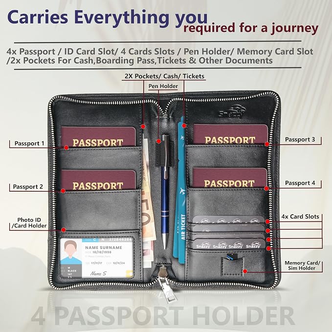 SnazzyHawk Family 4 Passport Holder - Travel Wallet RFID Blocking, Document Organizer, Essentials Plane Accessory Cover for Women Men (Black) - Image 2
