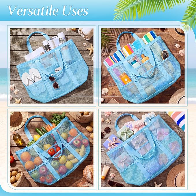 Hillban Large Beach Mesh Bags Bulk for Women Beach Tote Bag with 8 Pocket Zipper Waterproof Sandproof for Pool Cruise Ship - Image 4