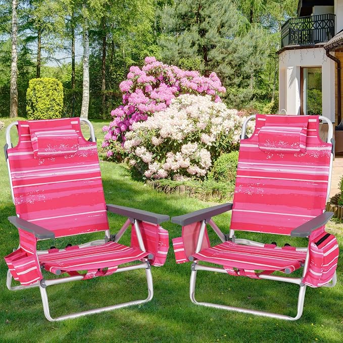Giantex Folding Beach Chair, Patio Sling Chairs with 5 Adjustable Position, Head Pillow, Storage Bag, Towel Bar, Cup Holders, Backpack Chairs for Sunbathing, Camping Chair - Image 9