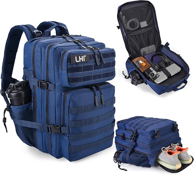 LHI Military Tactical Backpack for Men and Women 45L Army 3 Days Assault Pack Bag Large Rucksack with Shoe Compartment - Black and White by LHI