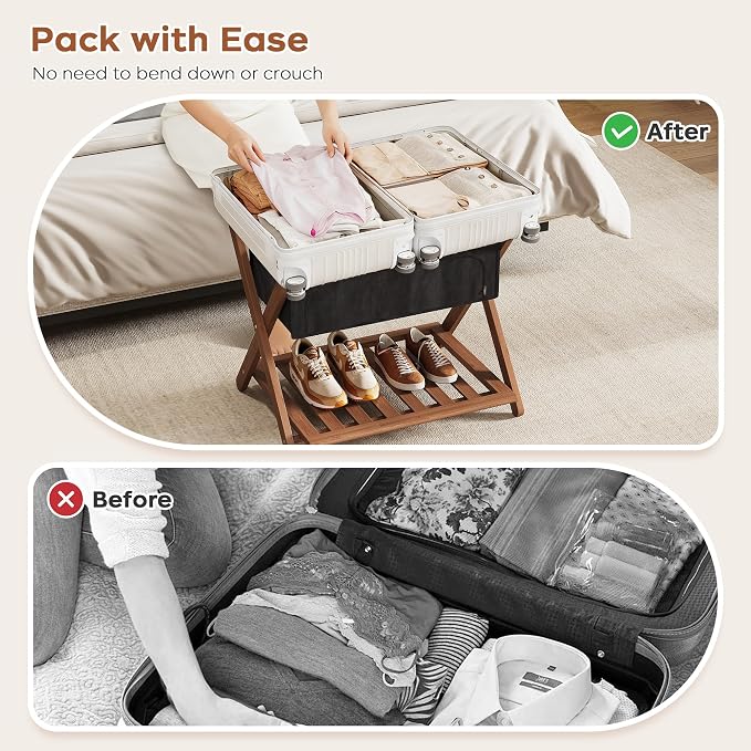 Full Assembled 26.77" L Luggage Rack for Guest Room, Set of 2 Foldable Suitcase Stand with 5 Nylon Straps & Cloth Bag, Luggage Stand Holder with Shoe Shelf for Suitcases Hotel (Walnut Bamboo) - Image 4