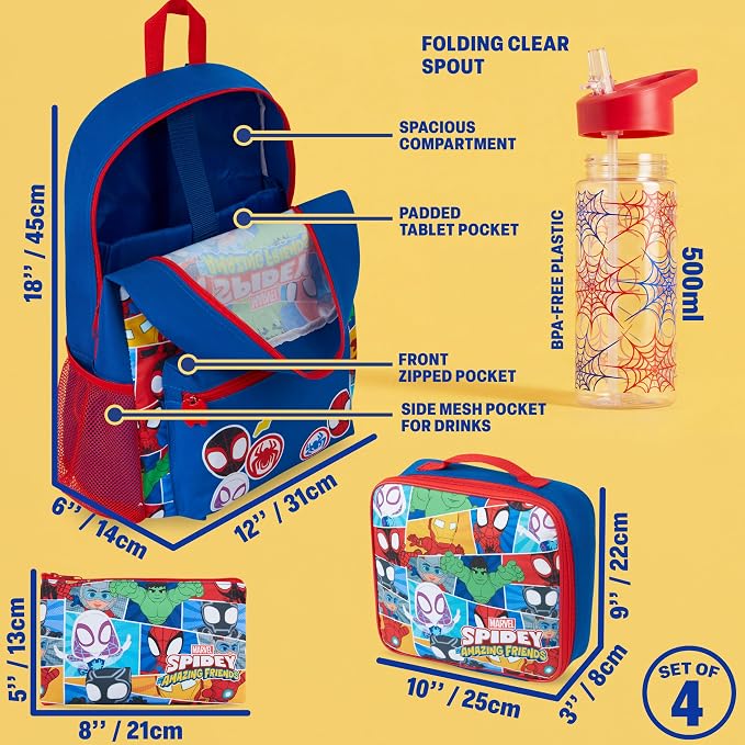 Get Trend Marvel Spidey and His Amazing Friends Boys Backpack Set 4 Pc with Insulated Lunch Bag, Pencil Case & BPA Free Water Bottle for School, Gifts for Boys (Blue/Multi Spidey) - Image 3