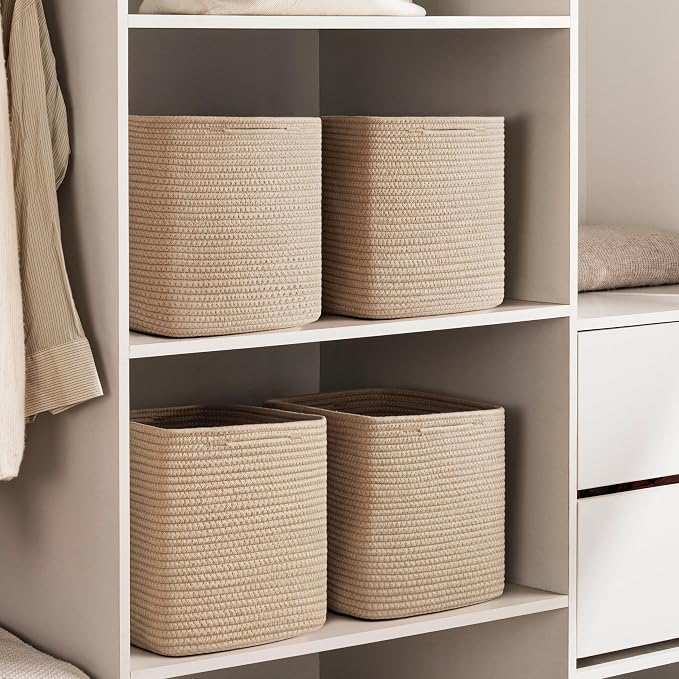 joybest 11inch Cube Storage Bins Set of 4, Cotton Rope Woven Organizer Basket for Shelves, Cube Bin Square Shelves Organizer Closet Storage, Nursery, Toy Organization, Brown - Image 6