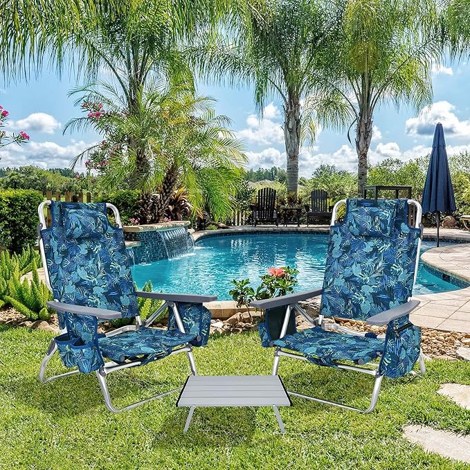Giantex Folding Beach Chair, Patio Sling Chairs with 5 Adjustable Position, Head Pillow, Storage Bag, Towel Bar, Cup Holders, Backpack Chairs for Sunbathing, Camping Chair - Image 5