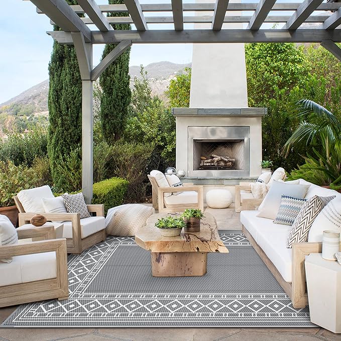 GENIMO Outdoor Rug, Waterproof Plastic Rugs for Patio, 8'x10' Grey White | Outside Larger Modern Carpet Mat for Porch Decor, Deck, Balcony, Camping, RV, Backyard, Picnic, Beach, Reversible - Image 2