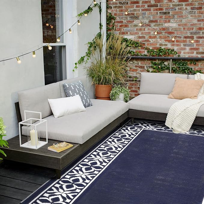 PureCozy Outdoor Plastic Straw Rug Navy Blue Large Outside Waterproof Outdoor Patio 9x12 Carpet Geometric Reversible Mat Modern for Camping RV Porch Deck Balcony Beach - Image 5