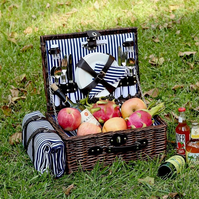 Picnic Basket Set for 4 with Waterproof Blanket Mat Insulation Bag Wicker Navy Blue Vintage Classic Gift for Christmas Thanksgiving Wedding Birthday Camp Outdoor Beach Travel - Image 3