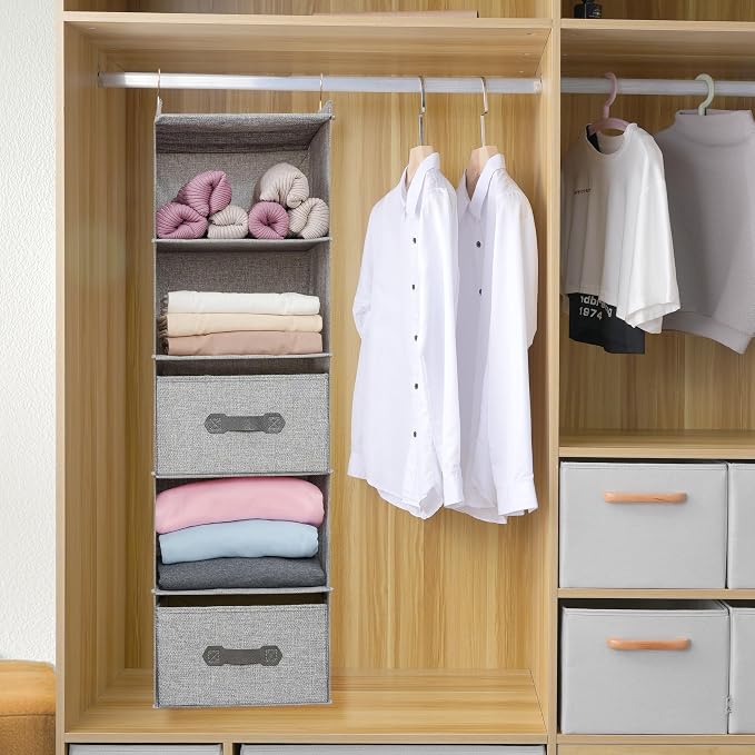 Large Hanging Sweater Organizer for Closet,Collapsible 6-Shelf Hanging Closet Shelves with Drawers, Washable (Grey-5 Shelf-2 d) - Image 3