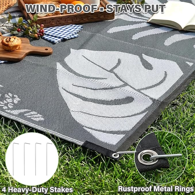 GOTGELIF Massive Outdoor Patio Rug - 9x12FT, Reversible & Water-Resistant & Wear-Resistant & Plastic Straw Outdoor Area Rug for Patio & Camping & RV - Gray Leaf - Image 6