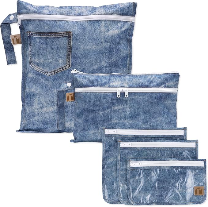 Bumkins Roamio Travel Set – Waterproof Wet Bag, Wet/Dry Clutch, 3 Clear TSA Pouches – Reusable Organizers for Swim, Gym, Toiletries, Baby Gear, Pump Parts, Beach, Pool, Travel, Faux Denim 5-pc Set by Bumkins