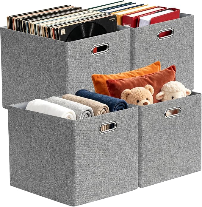 Posprica 3X Thicker Collapsible Storage Bins,13×15x13 Foldable Storage Cube Boxes Fabric Drawer for Closet Shelf Cabinet Bookcase, set of 4 (Gray-1200D) by Posprica