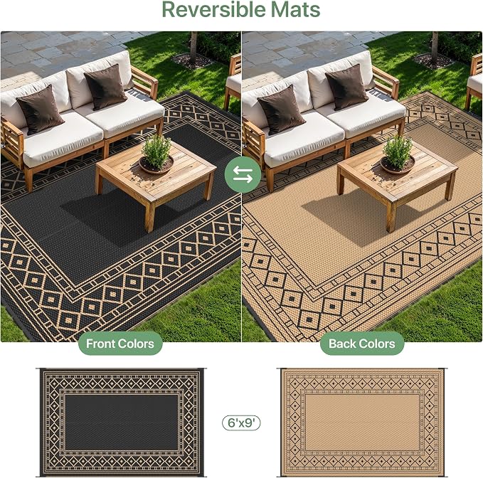 GENIMO Outdoor Rug, Waterproof Plastic Rugs for Patio, 6'x9' Black Brown | Outside Larger Modern Carpet Mat for Porch Decor, Deck, Balcony, Camping, RV, Backyard, Picnic, Beach, Reversible - Image 4