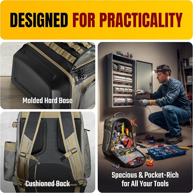 Ryker Tool Backpack Heavy Duty Organizer. Contractor & Electrician Tool Bag | 43-Pocket Back Pack w/ Hard Bottom. Tool Box for Men HVAC Technician Plumber & Electrician Tools. Jobsite Gear Organization - Image 4