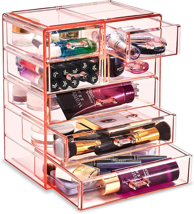 Sorbus Acrylic Makeup Organizer Set, 7-Drawer Vanity & Countertop Cosmetic Storage with Small & Wide Drawers, Pink Makeup Storage for Brushes, Lipsticks, Jewelry – Holiday Gift for Women & Teens by Sorbus