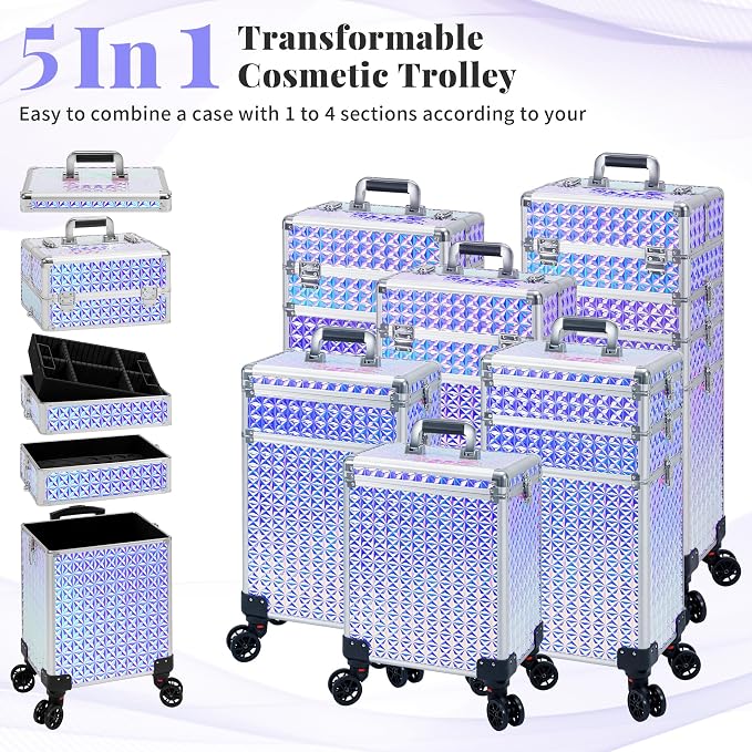 AROUS 5 in 1 Rolling Makeup Train Case with Lid Cosmetology Case on Wheels | Large Cosmetic Trolley Organizer with Keys Salon Barber Case Traveling Cart Trunk for Artist Hairstylists Nail Tech, Silver - Image 3
