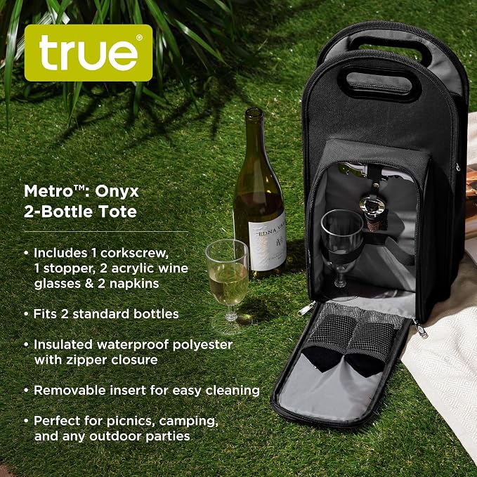 True Metro Insulated Wine Tote with Pockets, Wine Bottle Carrier and Picnic accessory set, wine glasses set of 2, Napkins, Corkscrew, and Bottle stopper, Black, Set of 1 - Image 3