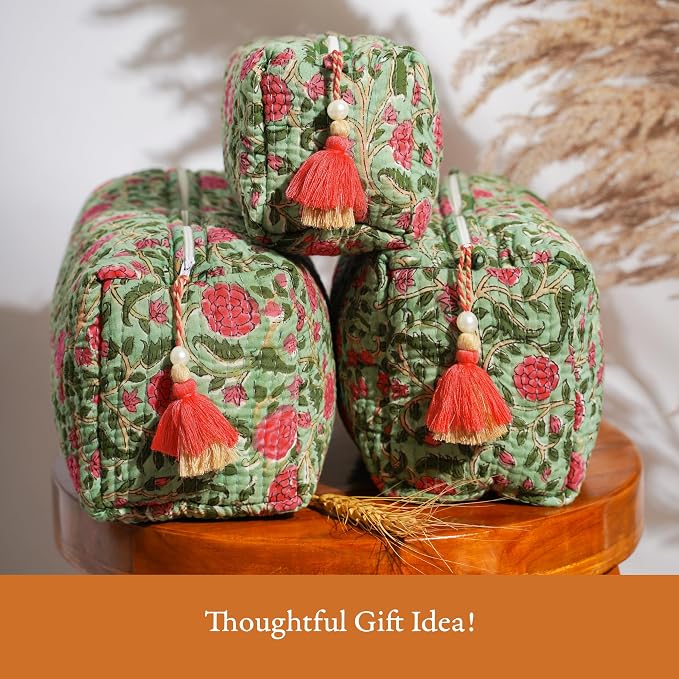 Saffron Marigold Quilted Makeup Bag Set of 3, Hand Block Printed Cotton Cosmetic Bags for Women, Waterproof Lined Travel Toiletry Bag, Coquette Floral Aesthetic, Handmade Gift, Rambling Rose - Image 7