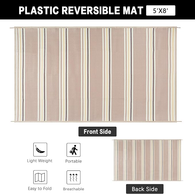 PureCozy Outdoor Waterproof 5x8 Rug for Patio Reversible Plastic Straw Beige Striped Camping Mat Outside Lightweight Large Floor Mat for RV Deck Beach Balcony Picnic Backyard Entry Porch - Image 6
