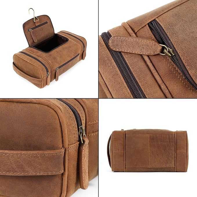 ELIZO Real Leather Toiletry Bag for Men - Extra Large Hanging Travel Organizer for Toiletries, Ideal for Dopp Kit & Shaving Kit for Men, Essential Mens Travel Toiletry Bag for Toiletries (Saddle) - Image 7