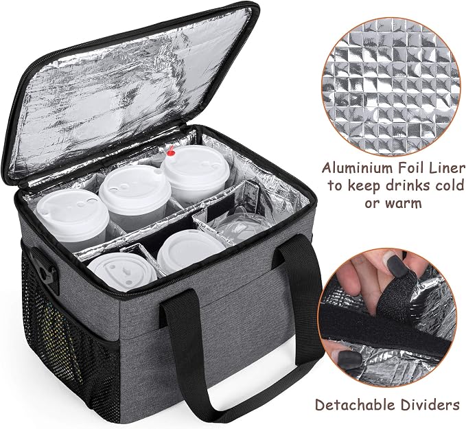 Trunab Reusable 6 Cups Drink Carrier for Delivery Insulated Caddy,Grey | Adjustable Dividers,Handle & Shoulder Strap, Beverages Tote Bag for Takeout or Travel - Image 3